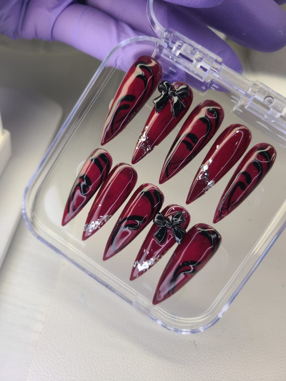 Size-(S)Glam Burgundy Stiletto Press-On Nails with Black Swirl & Silver Accents